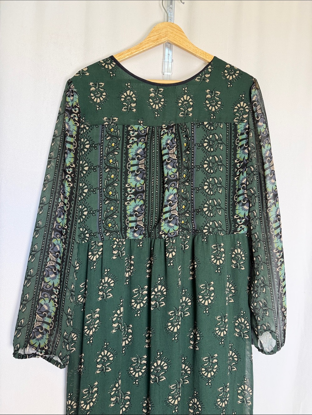 Cost Plus Boho Green Printed Tiered Maxi Dress Embellished Yoke Size L/XL Sheer - Picture 6 of 10